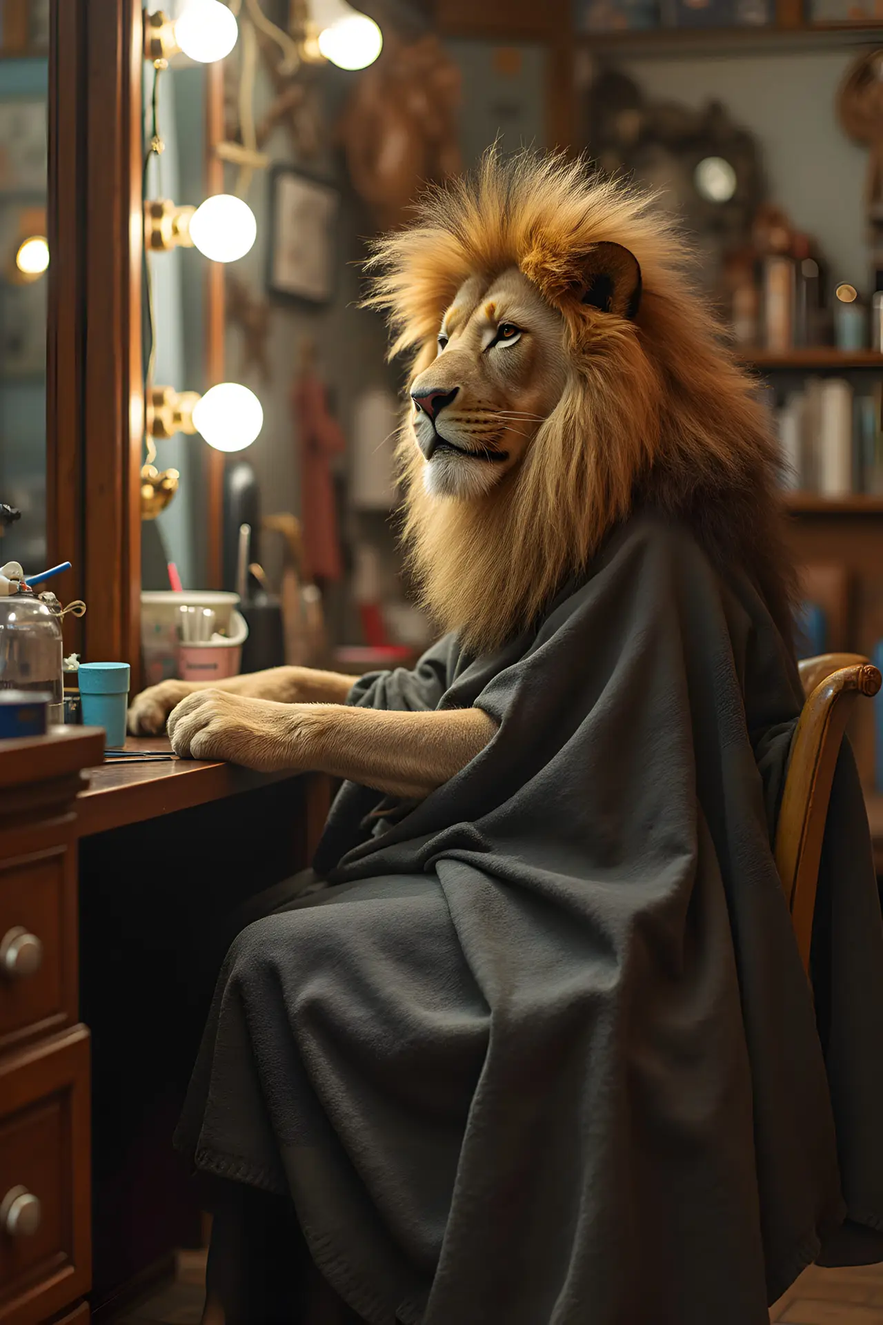 A lion in a barbershop sits in front of a mirror, creating a humorous and surreal scene as it prepares for grooming in a traditional setting